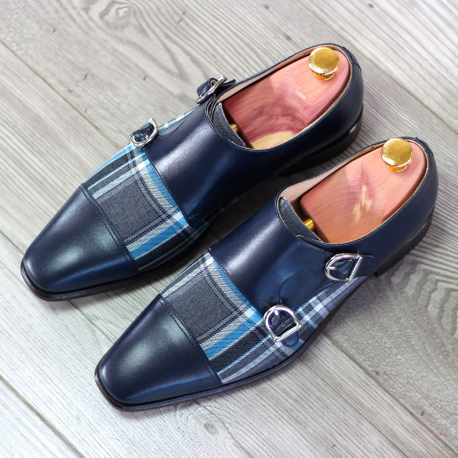 Double Monk Strap Plaid sartorial Gris Fait Main Monk Cuir pleine fleur · Doublure cuir Gris fait main - Maison Le Duc