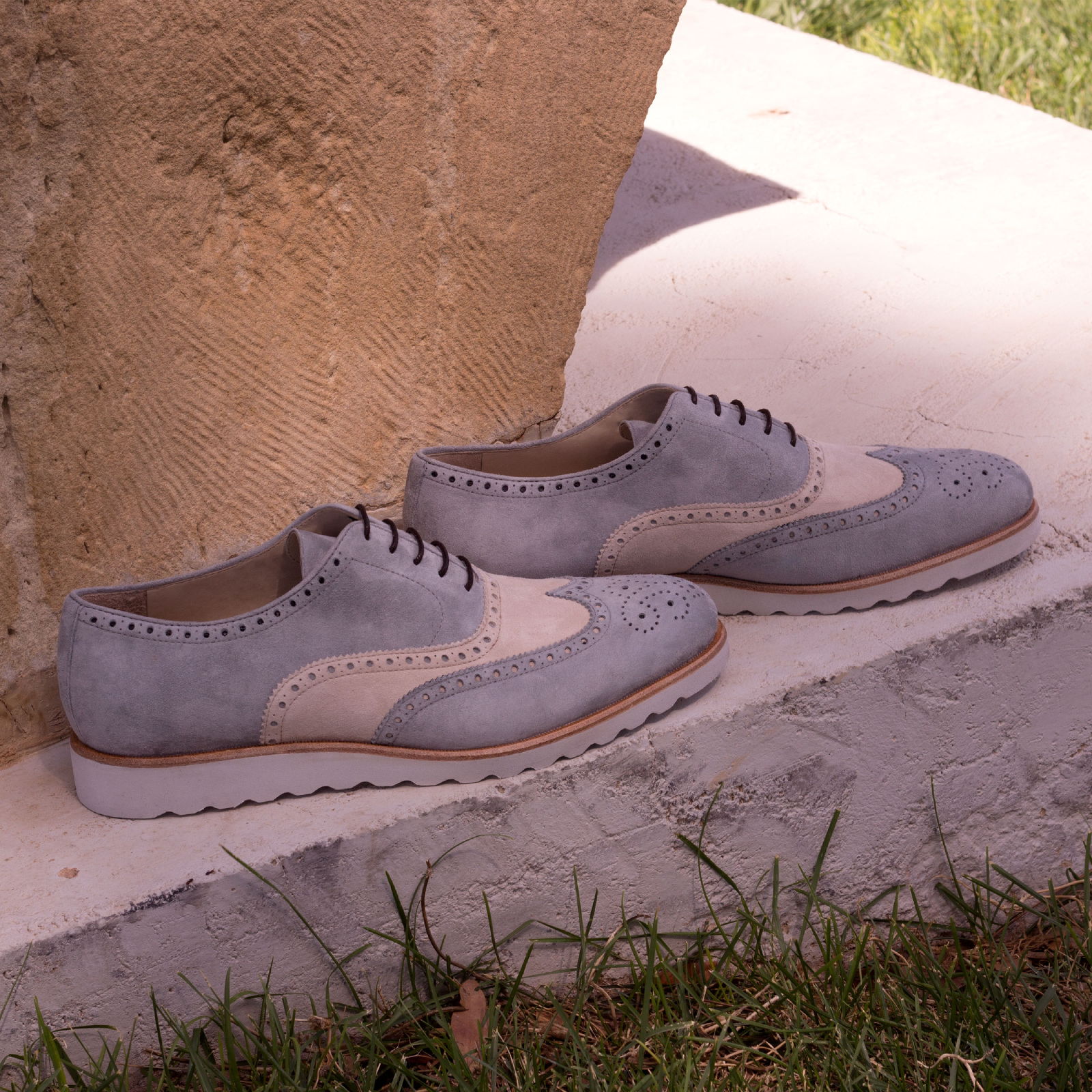 Richelieu Full Brogue Light grey kid daim Fait Main Richelieu Daim fait main - Maison Le Duc