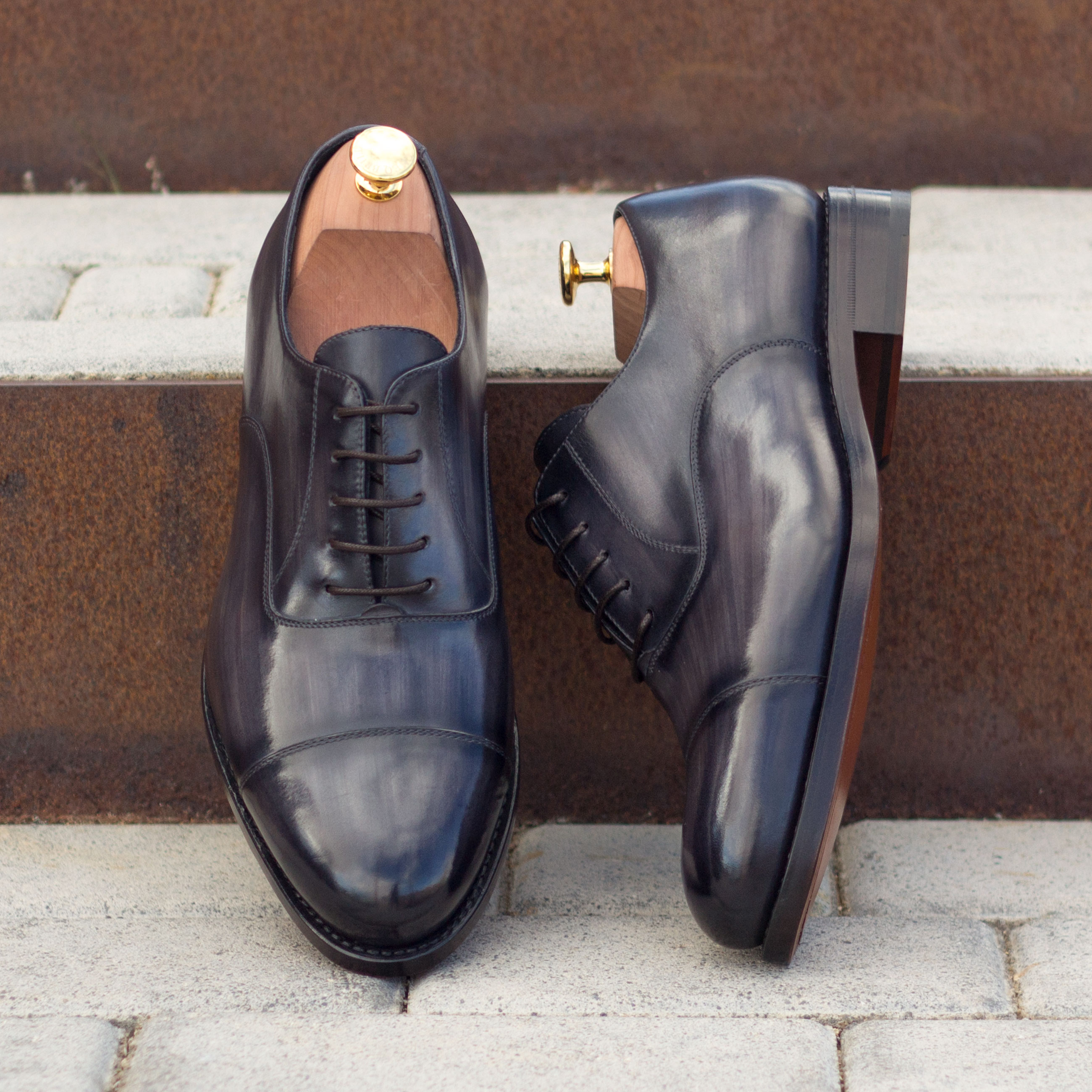 Oxford custom dress shoe with hand-painted patina finish.