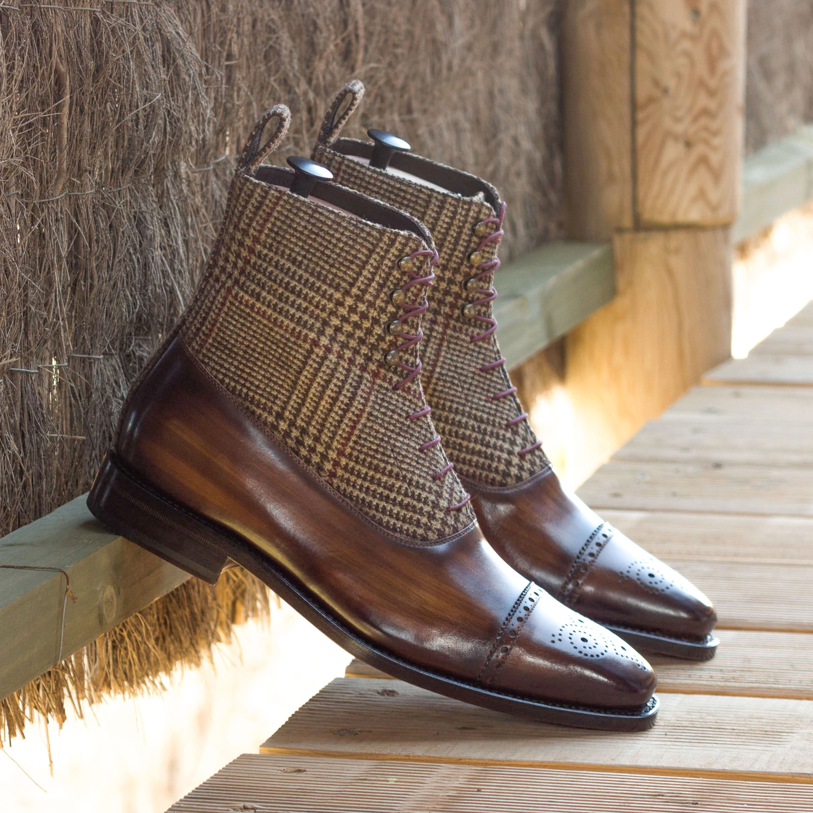 Balmoral custom dress boot with hand-painted patina finish.